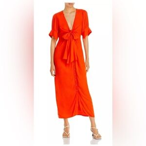 Free People orange tangerine summer linen blend bow maxi shirt dress XS NEW